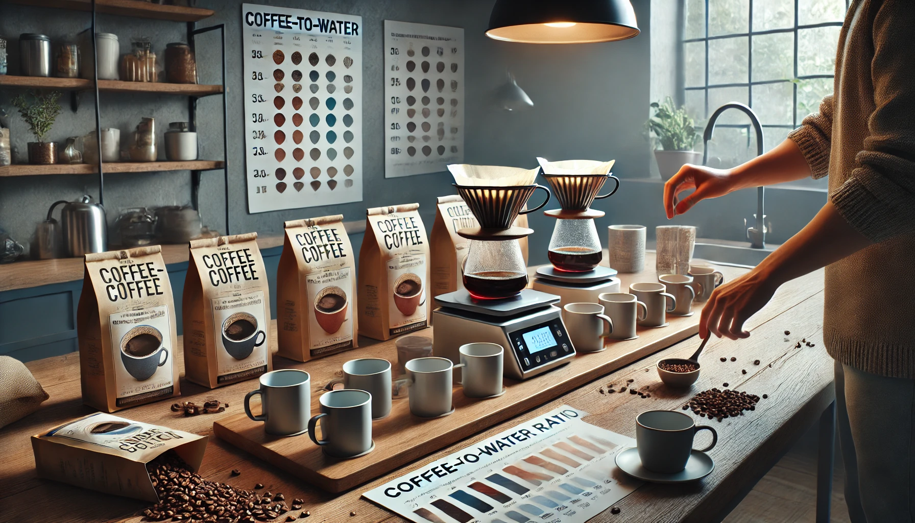 A realistic photographic image illustrating how to adjust the coffee to water ratio based on different coffee beans and personal taste preferences Thwebp