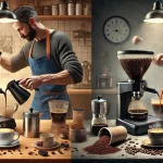 A realistic photographic image showing the common mistakes people make when brewing coffee at home compared to a coffee shop The image depicts a sidewebp