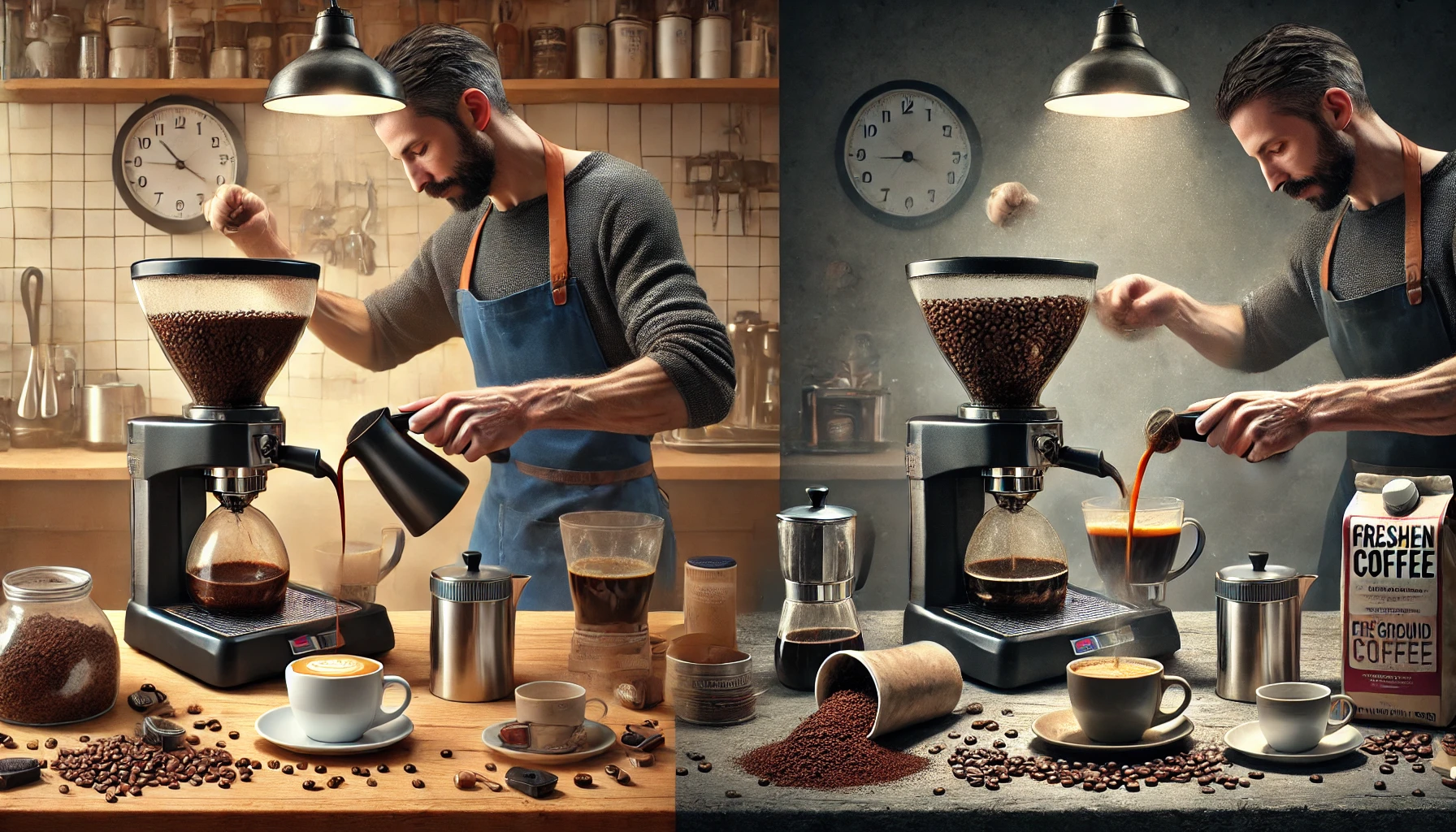 A realistic photographic image showing the common mistakes people make when brewing coffee at home compared to a coffee shop The image depicts a sidewebp