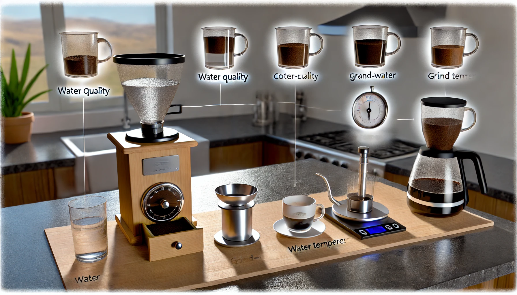 A realistic photographic image illustrating the six key factors that influence the quality of brewed coffee ranked by importance The image shows a mwebp