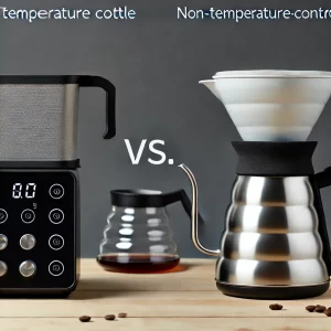 A comparison image between two pour-over coffee kettles, one with temperature control and one without. The temperature-controlled kettle is sleek, wit.webp