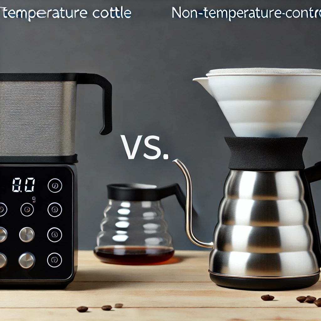 A comparison image between two pour over coffee kettles one with temperature control and one without The temperature controlled kettle is sleek witwebp