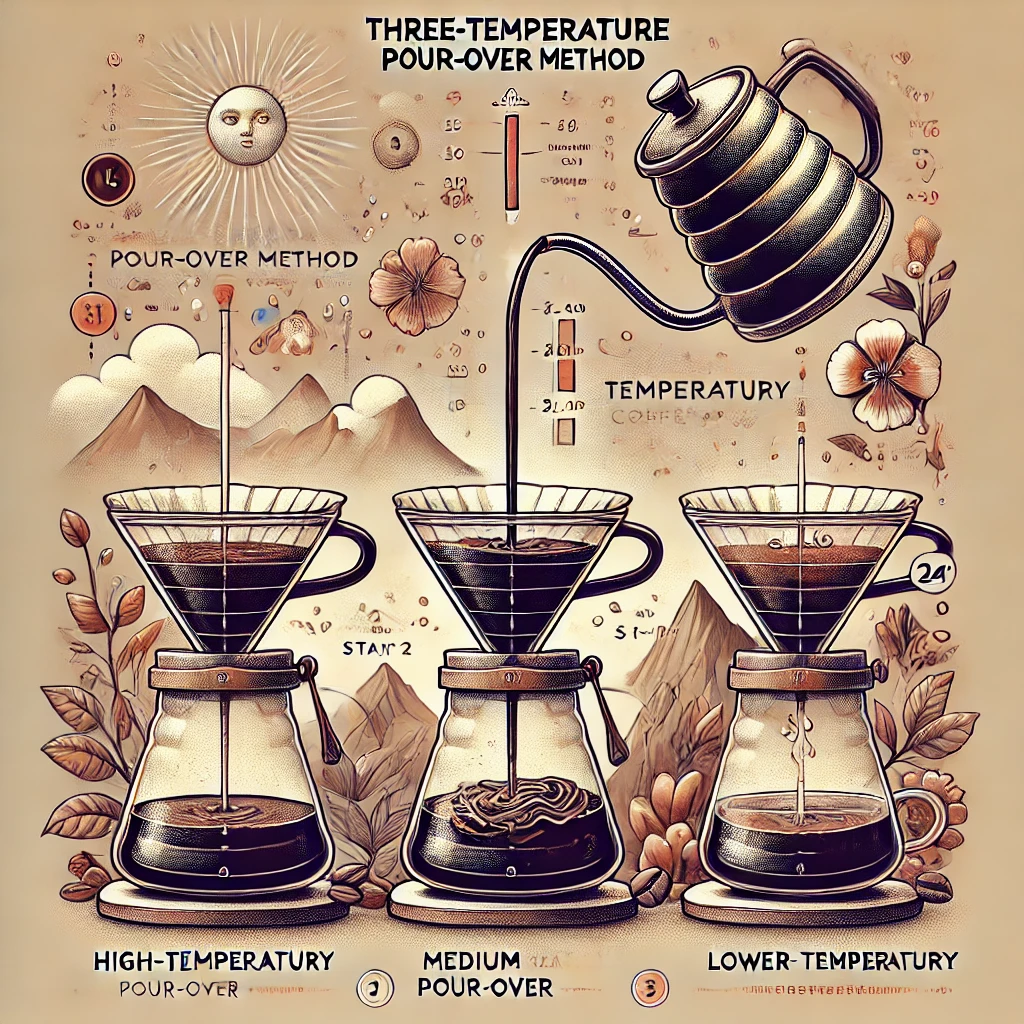 n illustration of the three temperature pour over method 三溫暖手沖法 in coffee brewing where three different water temperatures are used for extractiwebp