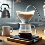 A realistic photographic image featuring the Melodrip coffee pour over dripper in use The image shows the Melodrip device positioned over a coffee drwebp