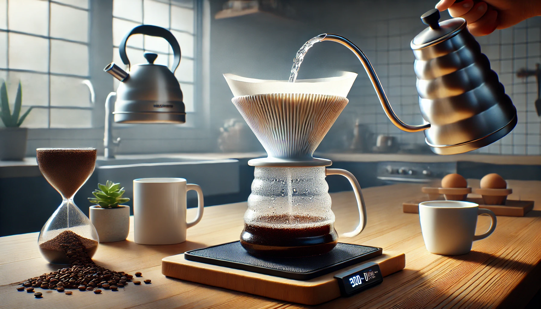 A realistic photographic image featuring the Melodrip coffee pour over dripper in use The image shows the Melodrip device positioned over a coffee drwebp