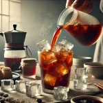 A realistic photographic image featuring a traditional Japanese iced coffee aisu kohi being prepared and served The image shows a glass filled withwebp