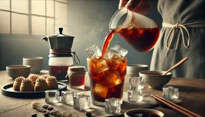 A realistic photographic image featuring a traditional Japanese iced coffee (aisu kohi) being prepared and served. The image shows a glass filled with.webp