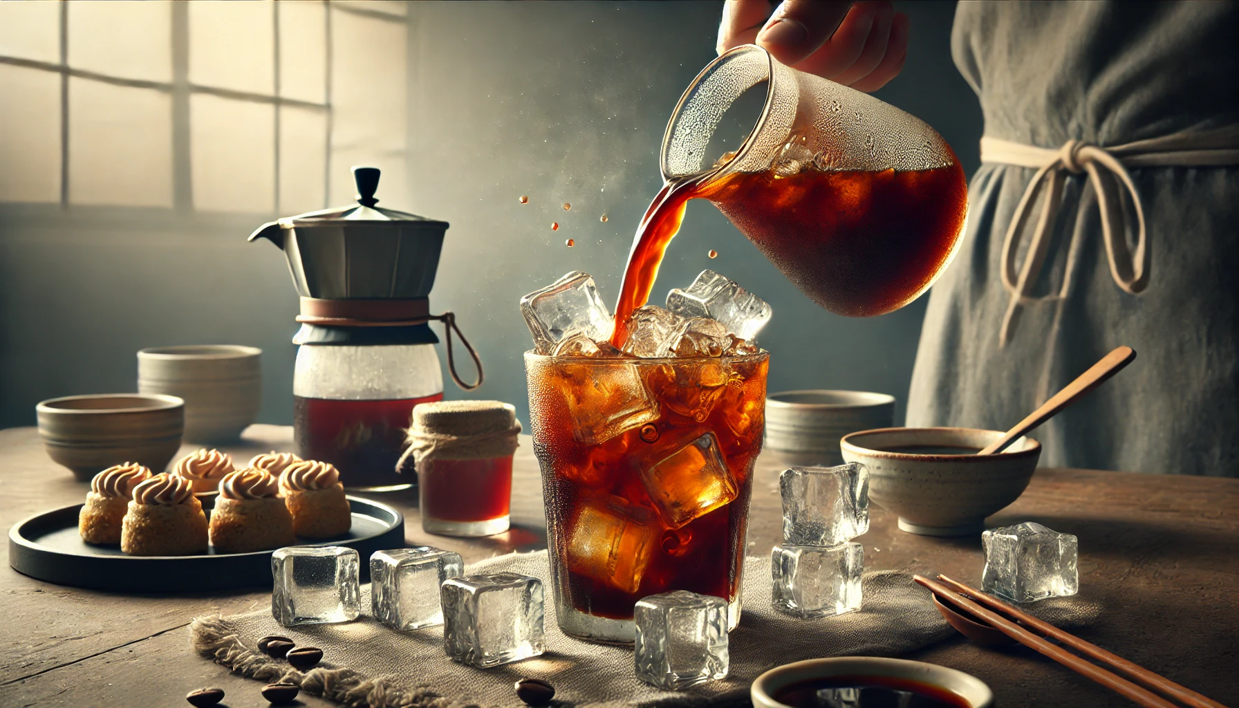 A realistic photographic image featuring a traditional Japanese iced coffee aisu kohi being prepared and served The image shows a glass filled withwebp