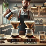 A realistic photographic image capturing the experience of a customer requesting two pour over coffees made from the same beans but with different brewebp