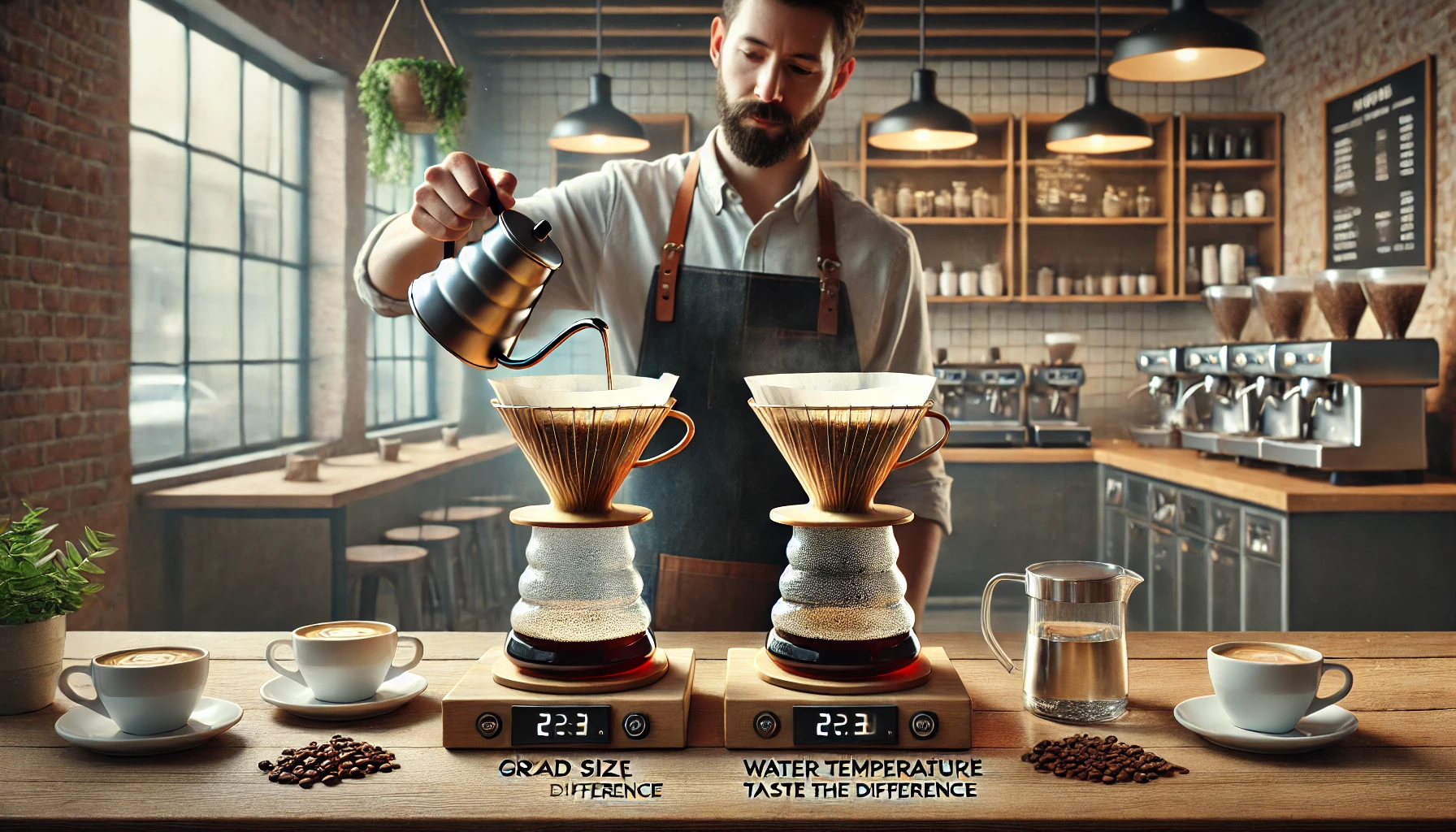 A realistic photographic image capturing the experience of a customer requesting two pour over coffees made from the same beans but with different brewebp