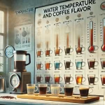 An educational scene showing the impact of water temperature on coffee flavor The image includes a series of coffee cups each brewed with water at d