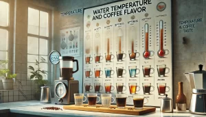 An-educational-scene-showing-the-impact-of-water-temperature-on-coffee-flavor-The-image-includes-a-series-of-coffee-cups-each-brewed-with-water-at-d