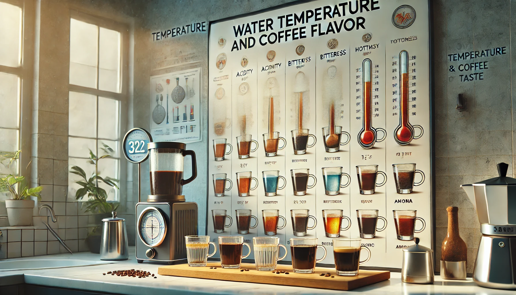 An educational scene showing the impact of water temperature on coffee flavor The image includes a series of coffee cups each brewed with water at d