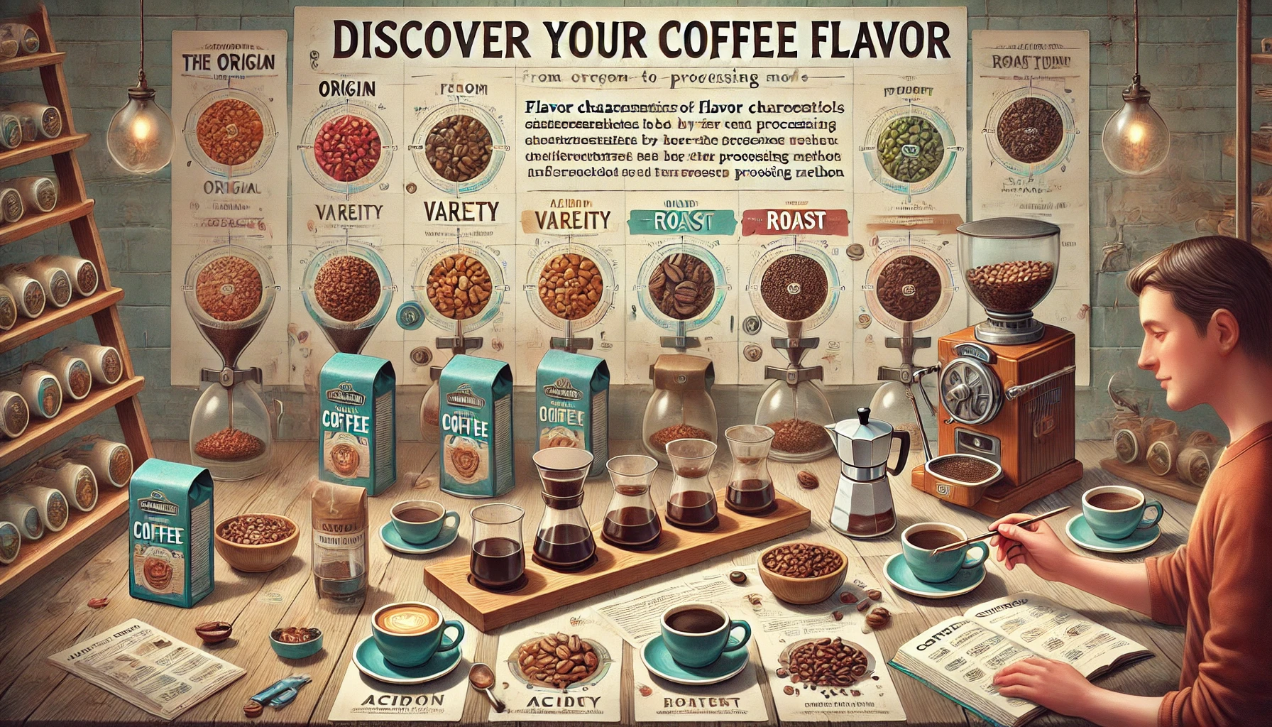 An educational scene illustrating the process of discovering personal coffee preferences through the understanding of flavor characteristics influence