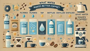 An infographic titled 'What Water Makes Better Coffee_' showing different types of water (filtered, tap, bottled, and distilled) with icons representi.webp
