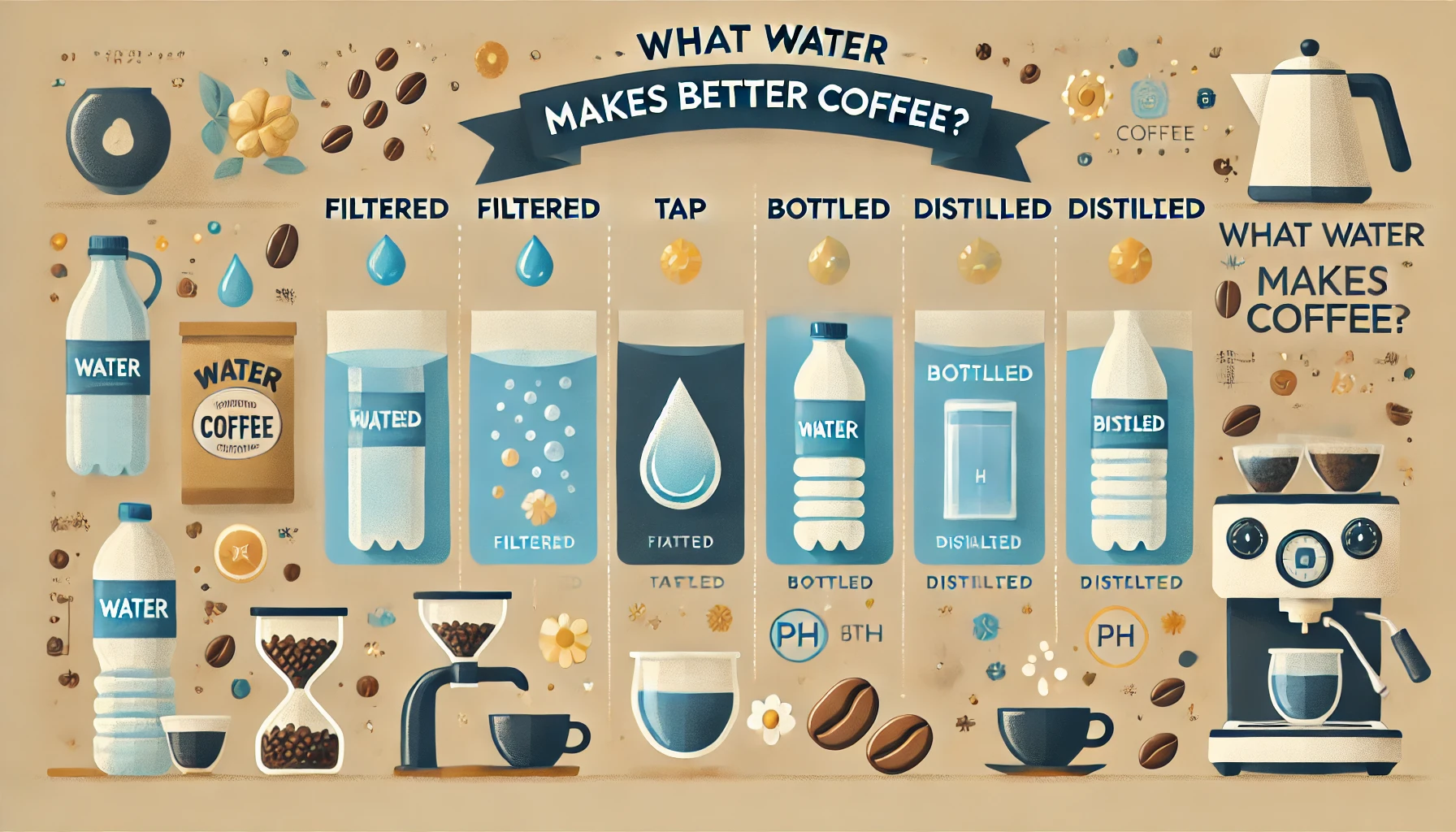 An infographic titled What Water Makes Better Coffee showing different types of water filtered tap bottled and distilled with icons representiwebp