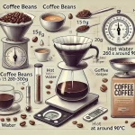 An illustration titled Brewing the Perfect Cup of Coffee showing all the essential ingredients and tools needed for hand pouring a great cup of coffwebp