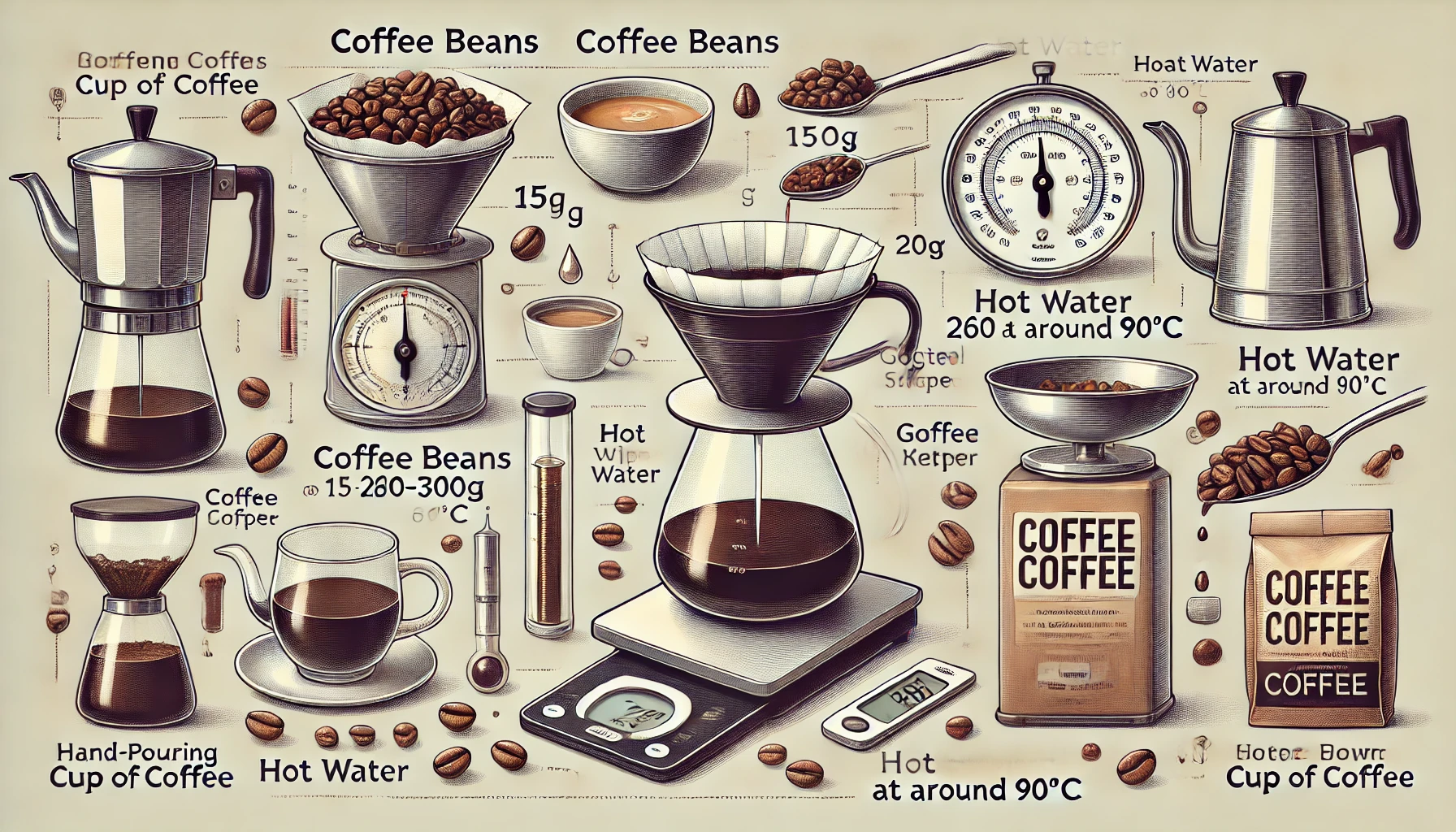 An illustration titled Brewing the Perfect Cup of Coffee showing all the essential ingredients and tools needed for hand pouring a great cup of coffwebp