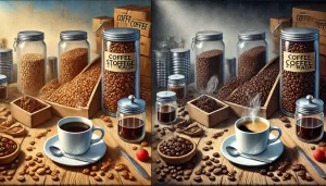 A-realistic-style-painting-illustrating-the-impact-of-improper-coffee-storage-on-freshness-and-flavor-The-scene-should-depict-coffee-beans-stored-imp.webp