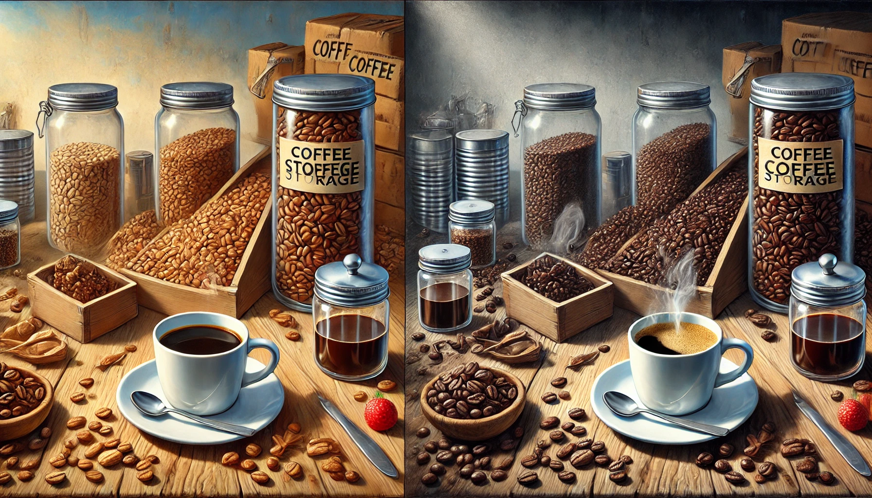 A realistic style painting illustrating the impact of improper coffee storage on freshness and flavor The scene should depict coffee beans stored impwebp