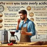 A realistic style painting illustrating the reasons why coffee might taste overly acidic The scene should depict a person brewing coffee with a look webp