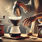 A realistic photograph style image capturing the process of brewing a deep roast coffee using hand pour methods The scene should show a person carefuwebp