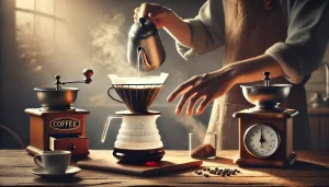 A realistic photograph-style image capturing the process of brewing a deep roast coffee using hand-pour methods. The scene should show a person carefu.webp