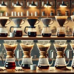 A realistic photograph style image illustrating the impact of different pour over coffee equipment on the brewing process The scene should show variowebp