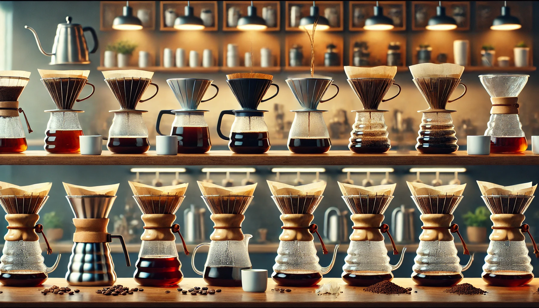 A realistic photograph style image illustrating the impact of different pour over coffee equipment on the brewing process The scene should show variowebp