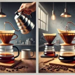 A realistic photograph style image showing two advanced pour over coffee techniques One Pour Method and Stirring Method The scene should depict webp