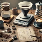 A realistic photograph style image showing the process of finding the best coffee to water ratio for pour over coffee The scene should depict variouswebp