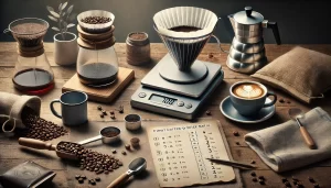 A realistic photograph-style image showing the process of finding the best coffee-to-water ratio for pour-over coffee. The scene should depict various.webp