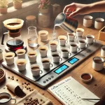 A realistic photographic image showing the process of determining the optimal coffee to water ratio for pour over coffee The image features a modern webp