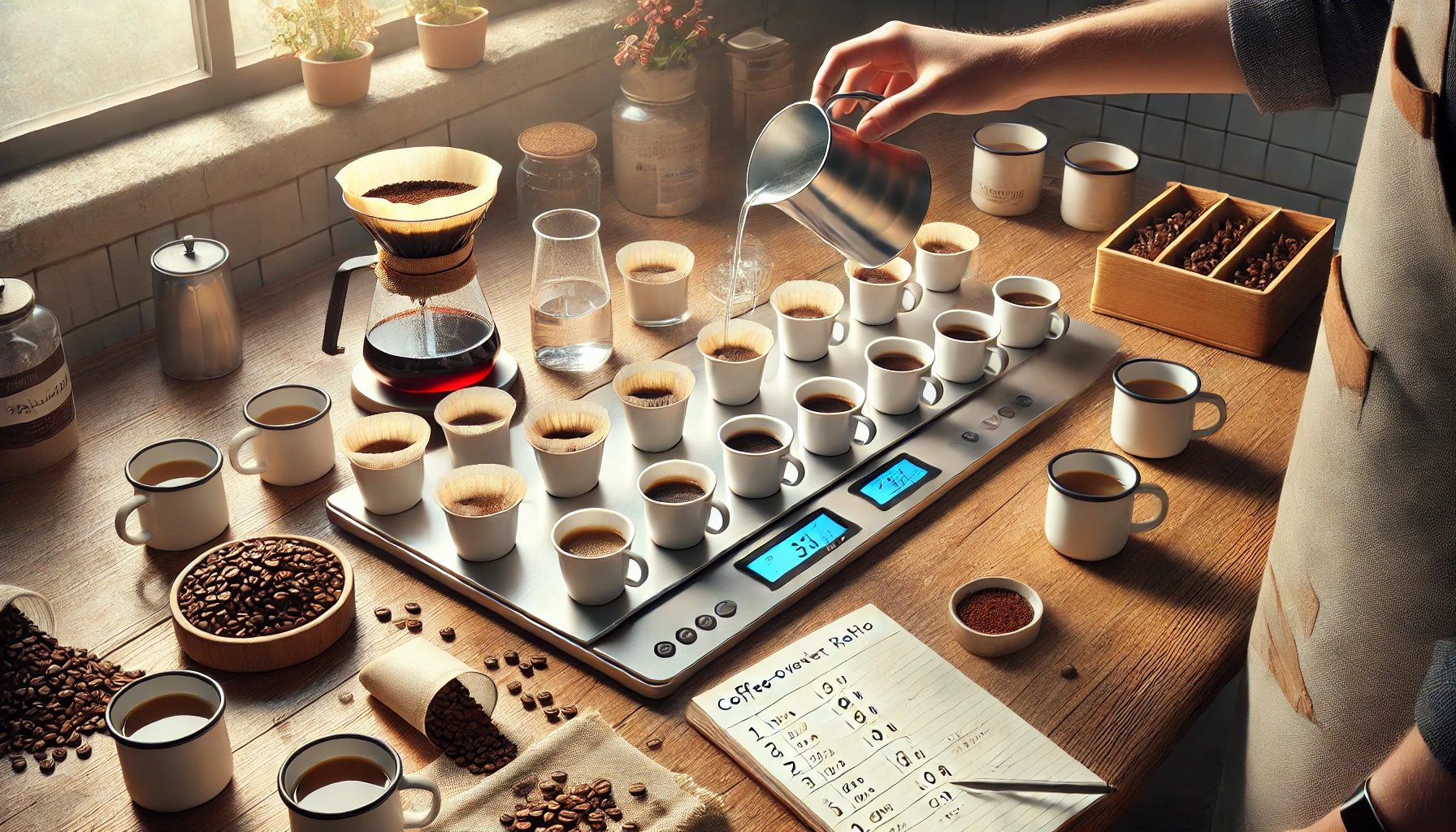 A realistic photographic image showing the process of determining the optimal coffee to water ratio for pour over coffee The image features a modern webp