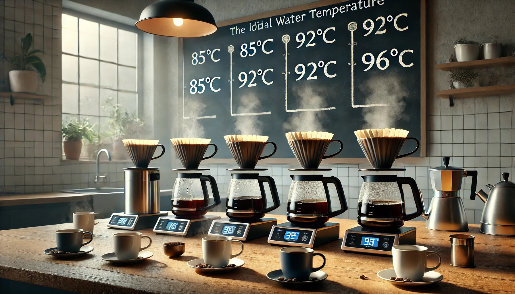 A realistic photographic image illustrating the debate over the ideal water temperature for brewing coffee The image shows a modern kitchen setup witwebp