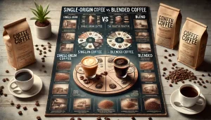 A realistic photograph-style image comparing single-origin coffee with blended coffee. The scene should show two cups of coffee side by side, one repr.webp