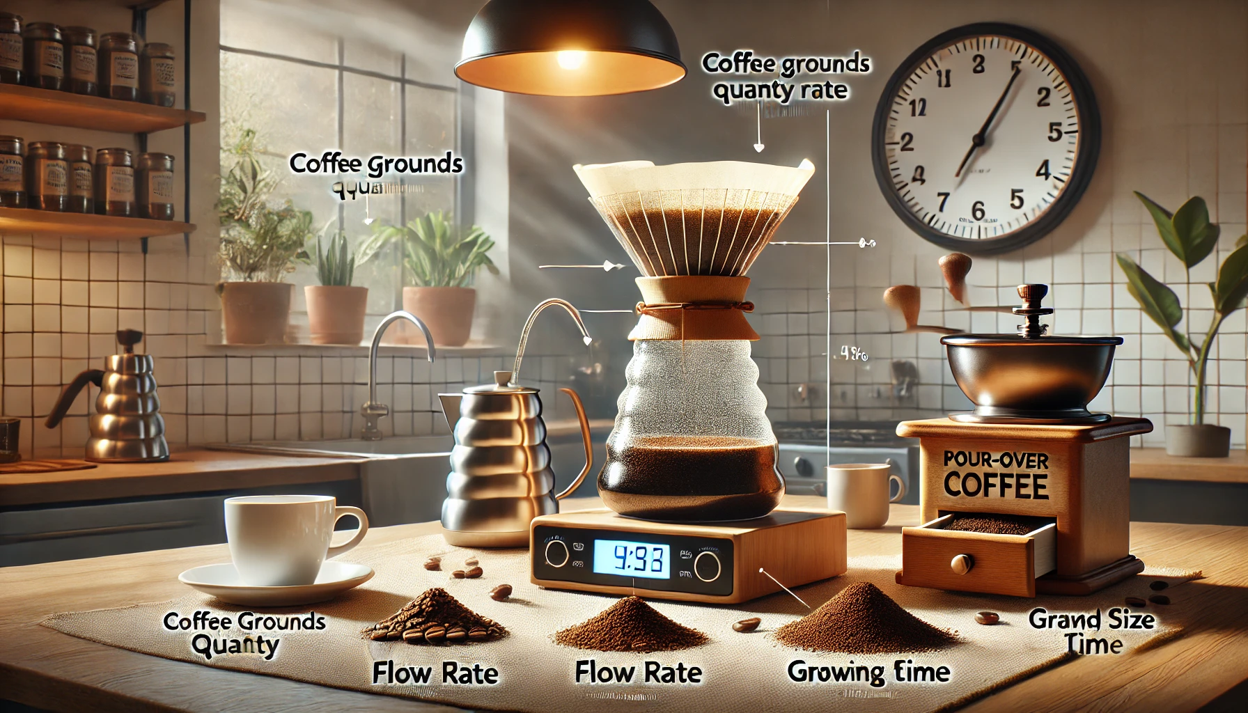 A realistic photographic image illustrating the key factors that influence the flavor of pour over coffee even when using the same beans The image swebp