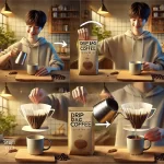 A realistic photographic image illustrating the process of using a drip bag coffee 掛耳包 The image shows a person holding a drip bag coffee package iwebp