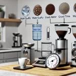 A realistic photographic image illustrating the six key factors that influence the quality of brewed coffee ranked by importance The image shows a mwebp