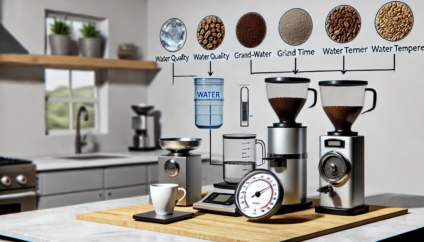 A realistic photographic image illustrating the six key factors that influence the quality of brewed coffee ranked by importance The image shows a mwebp