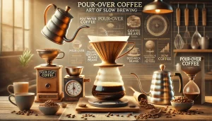 A detailed scene showing the process of making pour-over drip coffee. The image captures the steps involved, from pouring hot water over freshly groun.webp