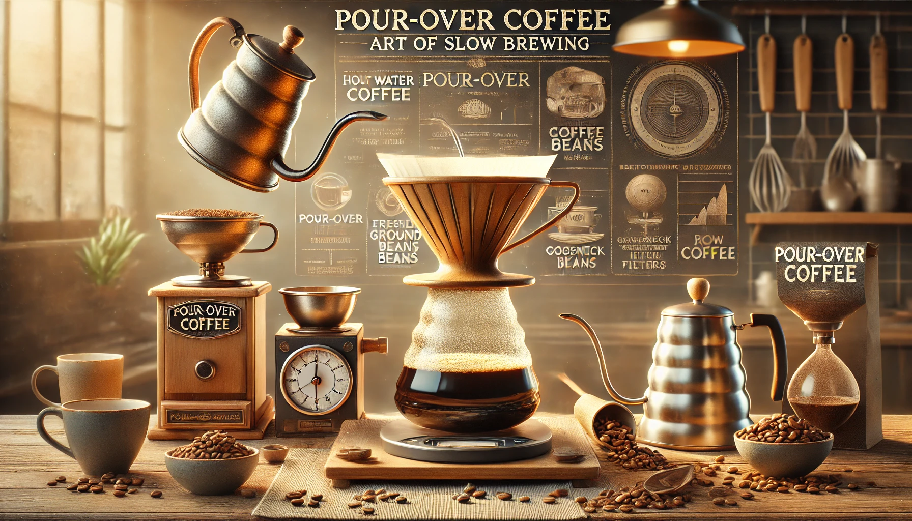 A detailed scene showing the process of making pour over drip coffee The image captures the steps involved from pouring hot water over freshly grounwebp