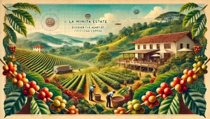 A picturesque scene showcasing the La Minita Estate in Costa Rica, one of the most renowned coffee farms in the world. The image features lush coffee .webp