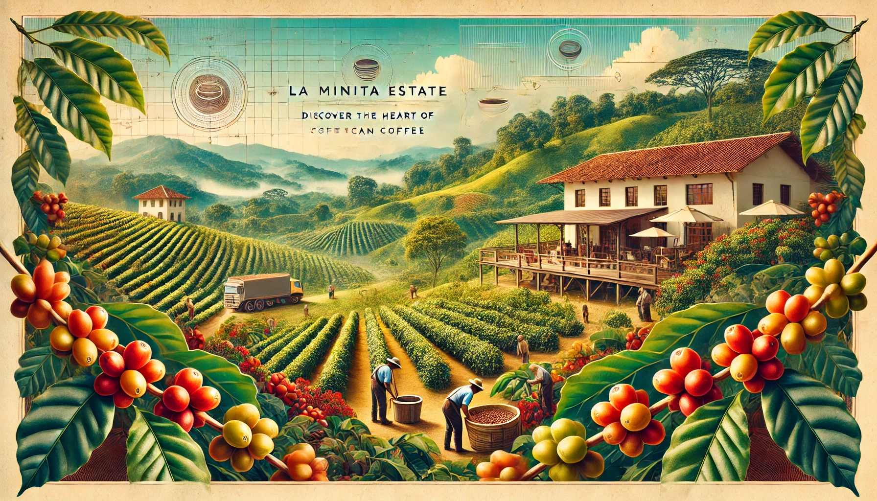 A picturesque scene showcasing the La Minita Estate in Costa Rica one of the most renowned coffee farms in the world The image features lush coffee webp