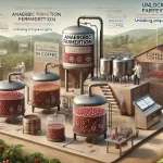 An educational scene explaining the process of anaerobic fermentation in coffee The image features a coffee processing facility where coffee cherrieswebp