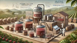 An educational scene explaining the process of anaerobic fermentation in coffee. The image features a coffee processing facility where coffee cherries.webp