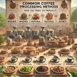 An informative scene showcasing various common coffee processing methods The image features different types of coffee beans and cherries each labelewebp