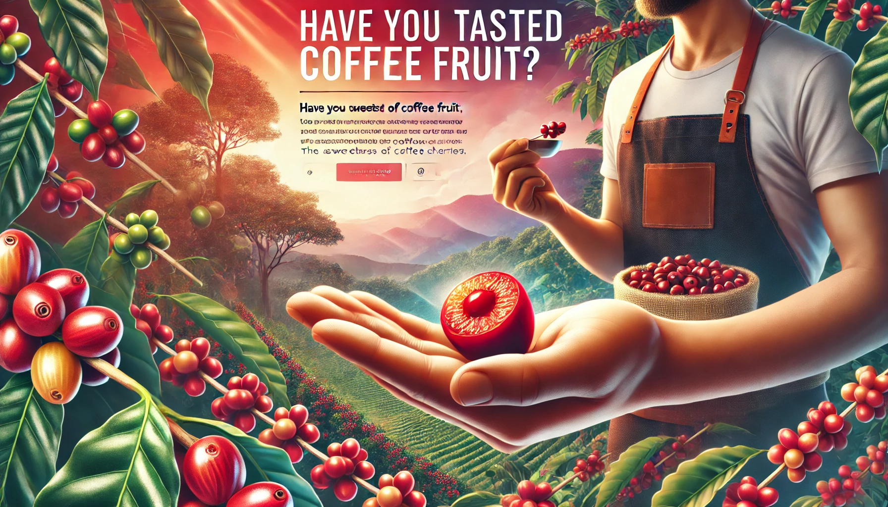 A vibrant scene showing a person enjoying a fresh coffee cherry The image features the person holding a bright red coffee cherry with the pulp visiblwebp