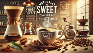 A warm and inviting scene showing a cup of naturally sweet coffee. The image features a cup of coffee with a rich, smooth texture, surrounded by coffe.webp