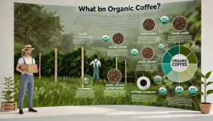 An informative scene explaining organic coffee. The image features a coffee farm where organic practices are used, such as natural fertilizers, shade-.webp